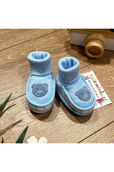 Cotton Baby Booties Suede Teddy Bear Print Blue - 2