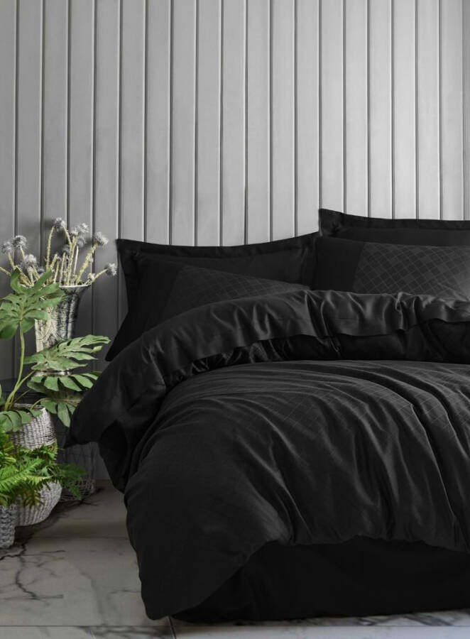 Cotton Box Double Jacquard Satin Bed Linen Set Check Black - 6