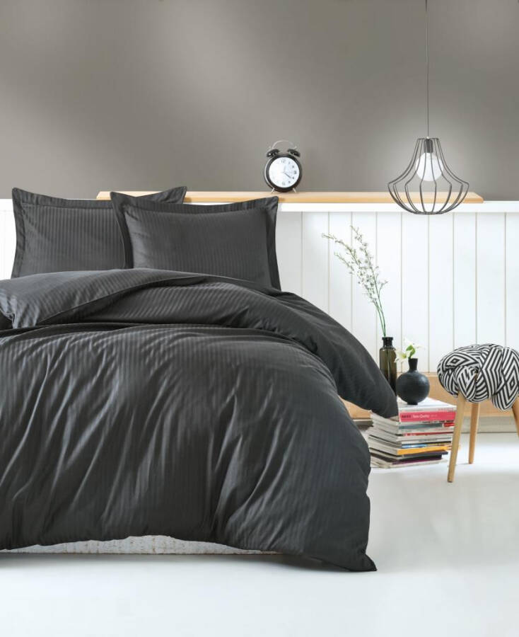 Cotton Box Double Satin Bed Linen Set Elegante Stripe Anthracite - 1