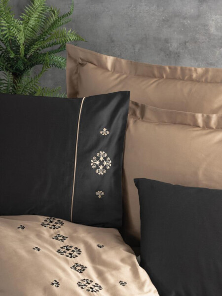 Cotton Box Embroidered Double Satin Bed Linen Set Elisa Coffee - 12