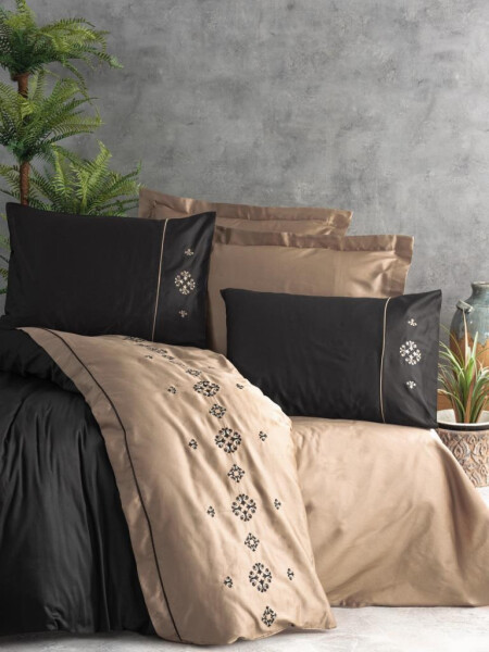 Cotton Box Embroidered Double Satin Bed Linen Set Elisa Coffee - 1