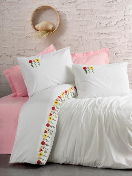 Cotton Box Embroidered Ranforce Double Bed Duvet Cover Set Mina Pink - 1