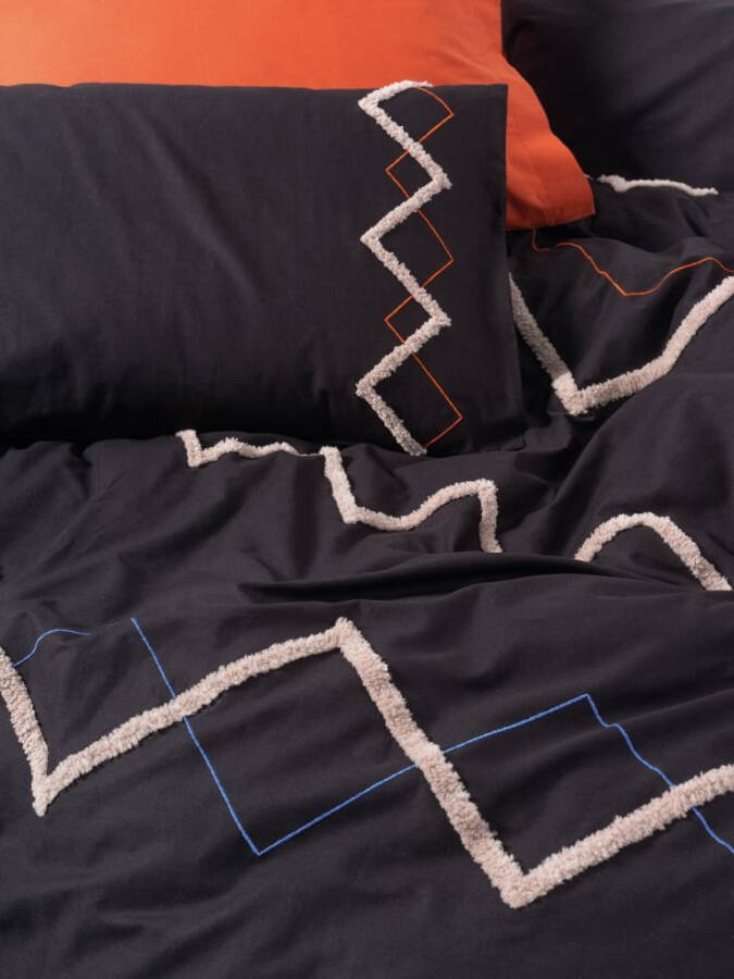 Cotton Box Puff Embroidered Ranforce Double Bed Duvet Cover Set Mirely Black Brick - 10