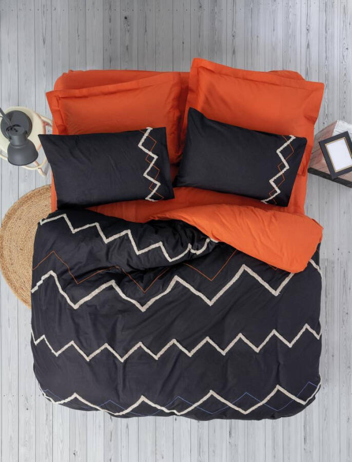 Cotton Box Puff Embroidered Ranforce Double Bed Duvet Cover Set Mirely Black Brick - 11