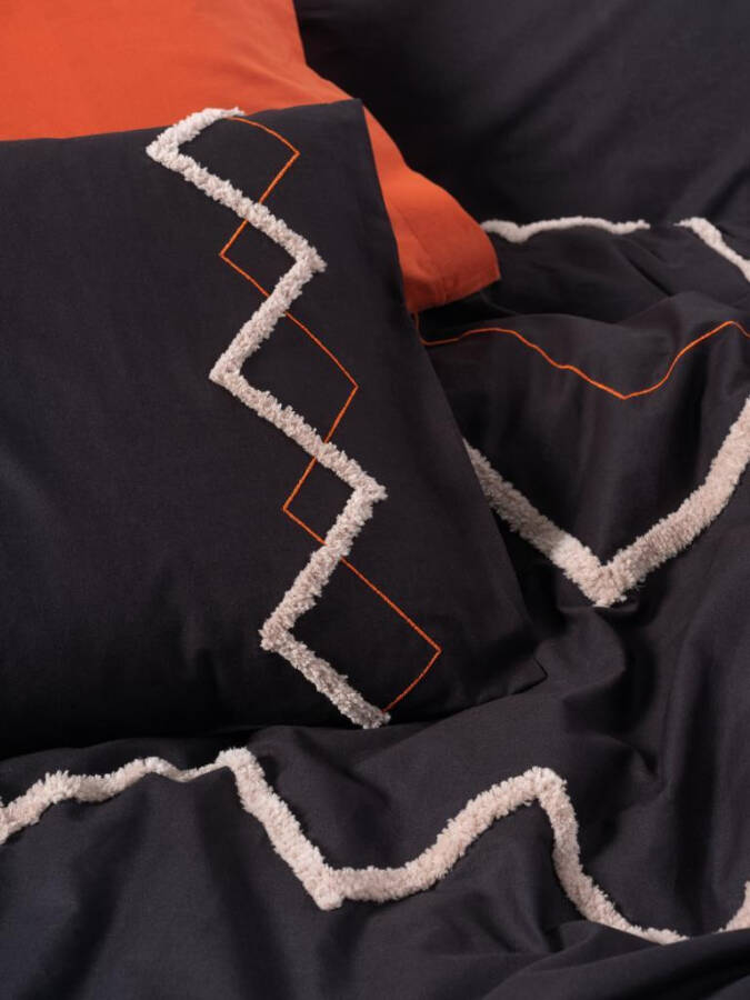 Cotton Box Puff Embroidered Ranforce Double Bed Duvet Cover Set Mirely Black Brick - 12