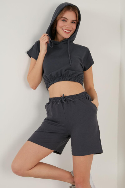 Cotton Hoodie with Pocket Crop Top and Bottom Set 5864922 - 4