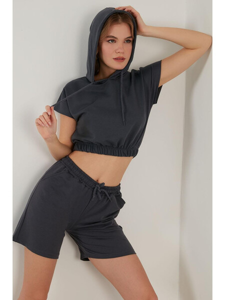 Cotton Hoodie with Pocket Crop Top and Bottom Set 5864922 - 3