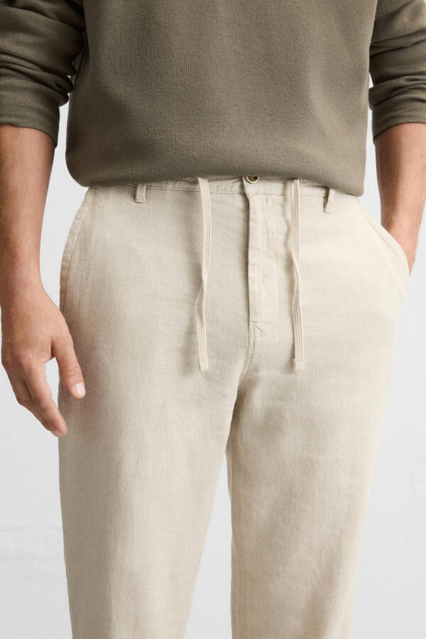 Cotton Linen Pants Black Light Beige - 5