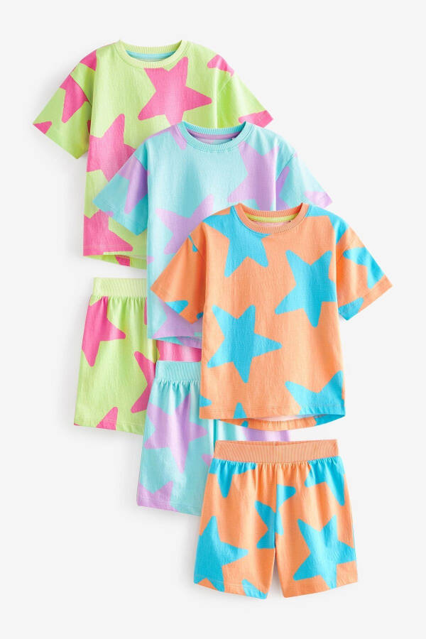 Cotton Pastel Neon Star Print 3-Piece Shorts Top Set - 4