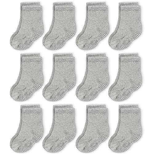 CozyWay Baby Anti Slip Crew Socks 12 Pairs with Grips for Toddlers Little Boys Girls Infants Kids Non Skid - 25