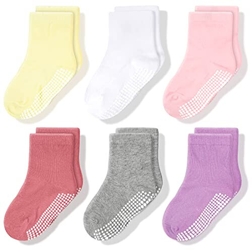 CozyWay Baby Anti Slip Crew Socks 6 Pairs with Grips for Toddlers Little Boys Girls Infants Kids Non Skid - 25