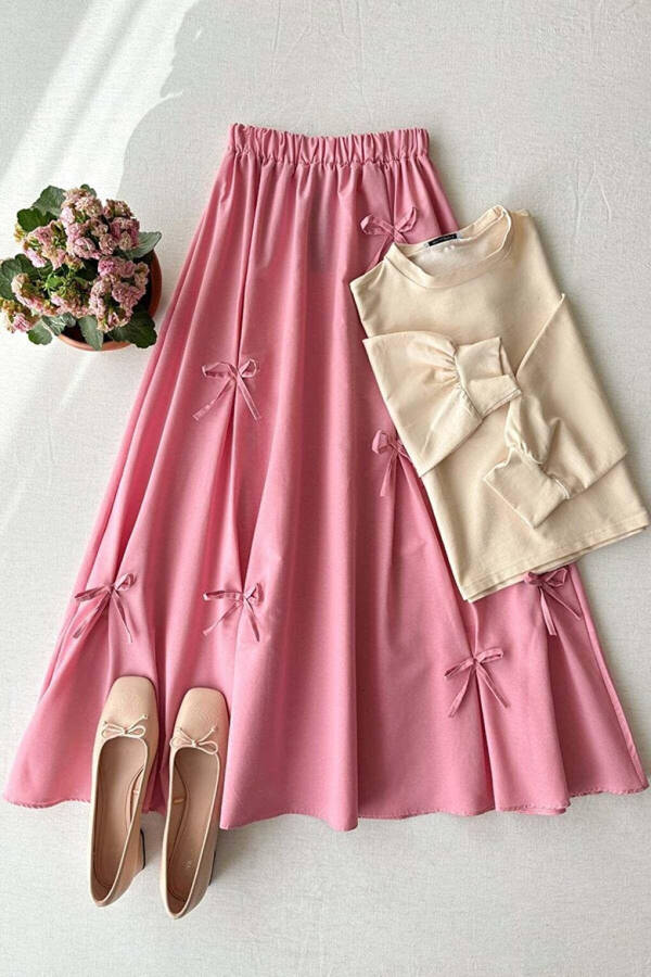 Cream 2 Yarn Crop Top & Pink Bow Skirt Set - 1