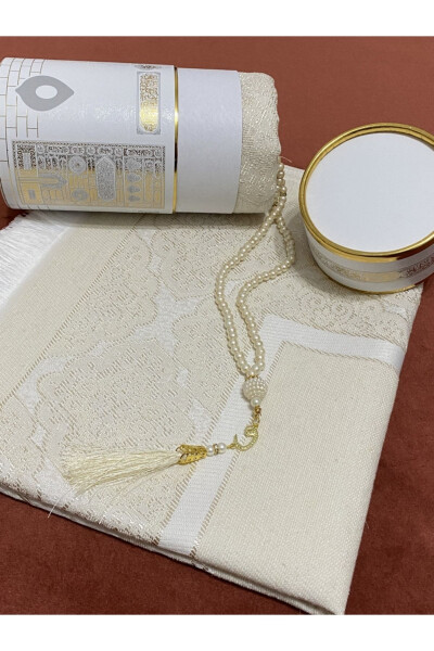 Cream Kaaba Patterned Prayer Rug Set, Prayer Rug and Pearl Tasbih Gift - 1