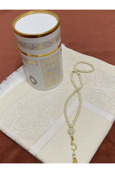 Cream Kaaba Patterned Prayer Rug Set, Prayer Rug and Pearl Tasbih Gift - 2