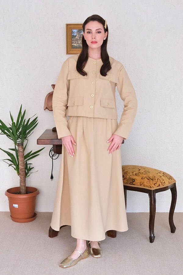 Cream Linen Skirt Suit with Pocket Details - 1