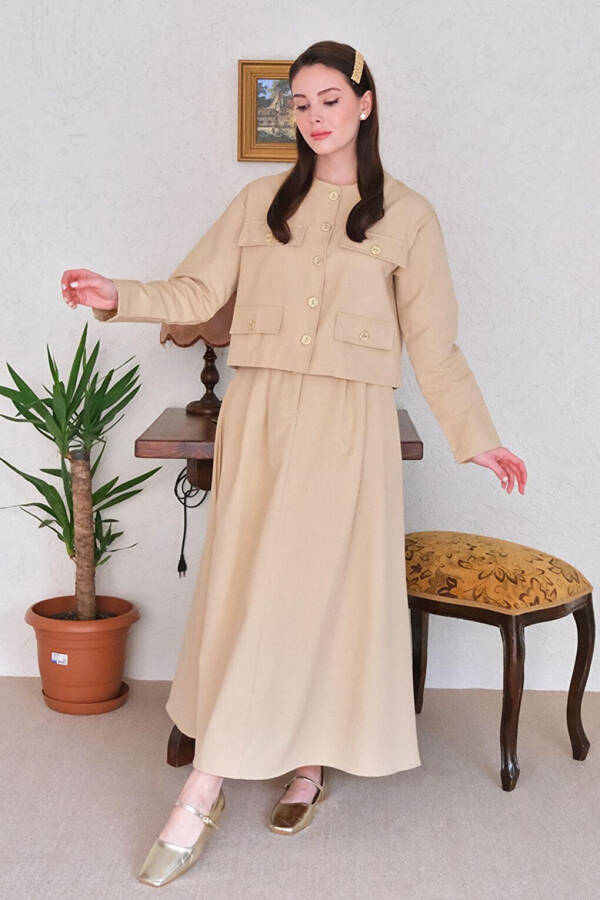 Cream Linen Skirt Suit with Pocket Details - 2