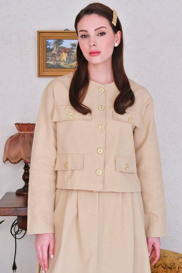 Cream Linen Skirt Suit with Pocket Details - 5