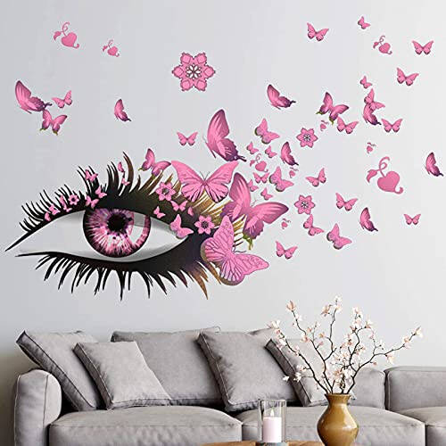 Creative Beautiful Girl Eyes Wall Sticker, Pink Flying Butterfly Wall Decals, Girl Long Eyelashes Heart Décor, DIY Art Vinyl Mural for Couple Lovers Girls Bedroom Living Room Decoration - 1