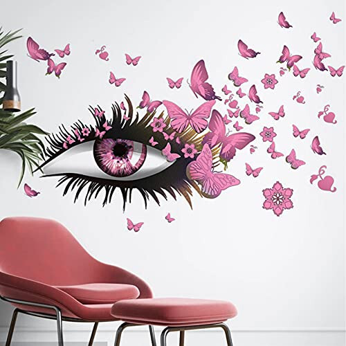 Creative Beautiful Girl Eyes Wall Sticker, Pink Flying Butterfly Wall Decals, Girl Long Eyelashes Heart Décor, DIY Art Vinyl Mural for Couple Lovers Girls Bedroom Living Room Decoration - 2