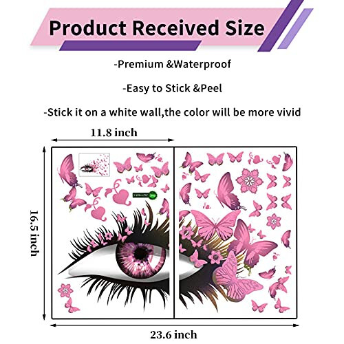 Creative Beautiful Girl Eyes Wall Sticker, Pink Flying Butterfly Wall Decals, Girl Long Eyelashes Heart Décor, DIY Art Vinyl Mural for Couple Lovers Girls Bedroom Living Room Decoration - 3