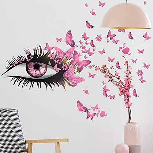 Creative Beautiful Girl Eyes Wall Sticker, Pink Flying Butterfly Wall Decals, Girl Long Eyelashes Heart Décor, DIY Art Vinyl Mural for Couple Lovers Girls Bedroom Living Room Decoration - 4