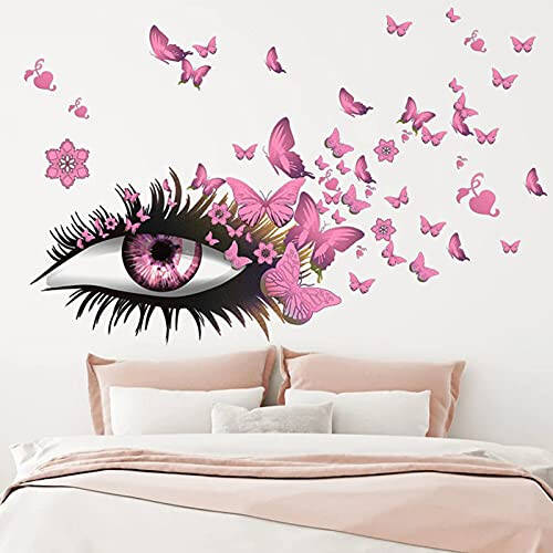 Creative Beautiful Girl Eyes Wall Sticker, Pink Flying Butterfly Wall Decals, Girl Long Eyelashes Heart Décor, DIY Art Vinyl Mural for Couple Lovers Girls Bedroom Living Room Decoration - 5