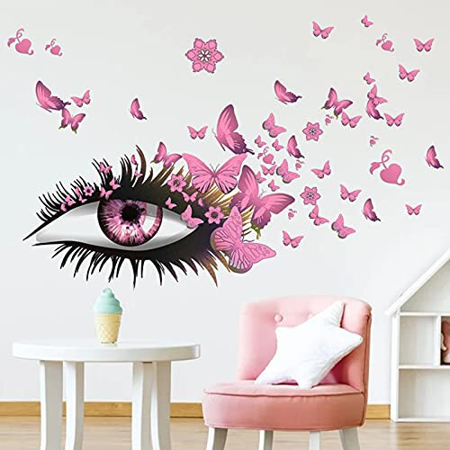 Creative Beautiful Girl Eyes Wall Sticker, Pink Flying Butterfly Wall Decals, Girl Long Eyelashes Heart Décor, DIY Art Vinyl Mural for Couple Lovers Girls Bedroom Living Room Decoration - 6