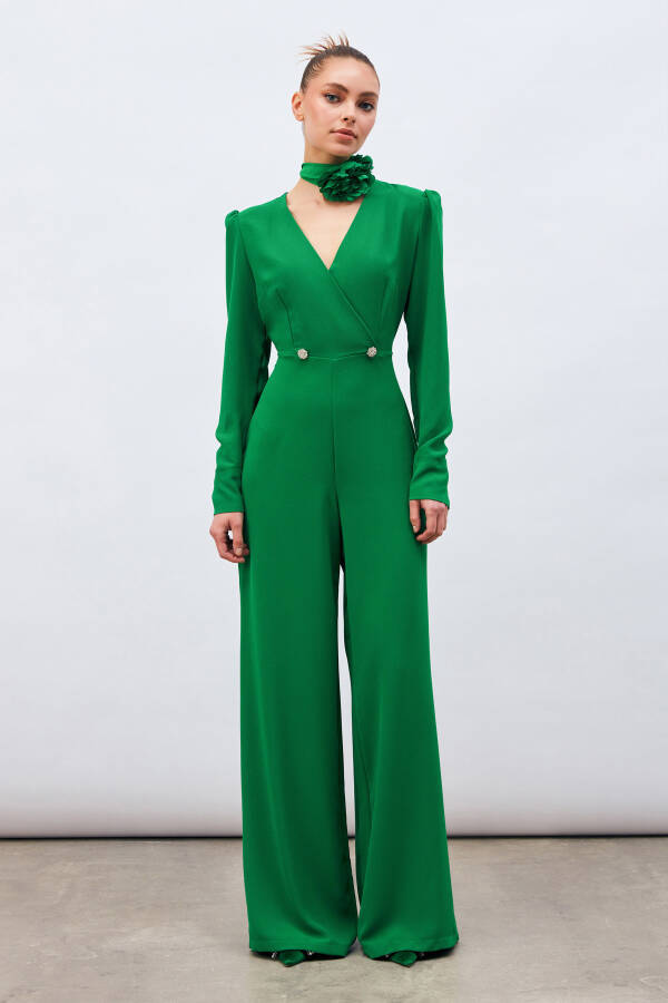 Crepe Jumpsuit with Lapel and Decorative Stones - Green - 3