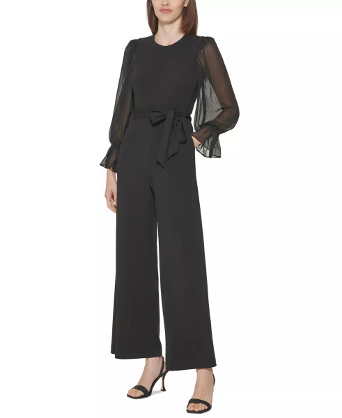 Crewneck Chiffon Flare-Leg Jumpsuit Black/Black - 1