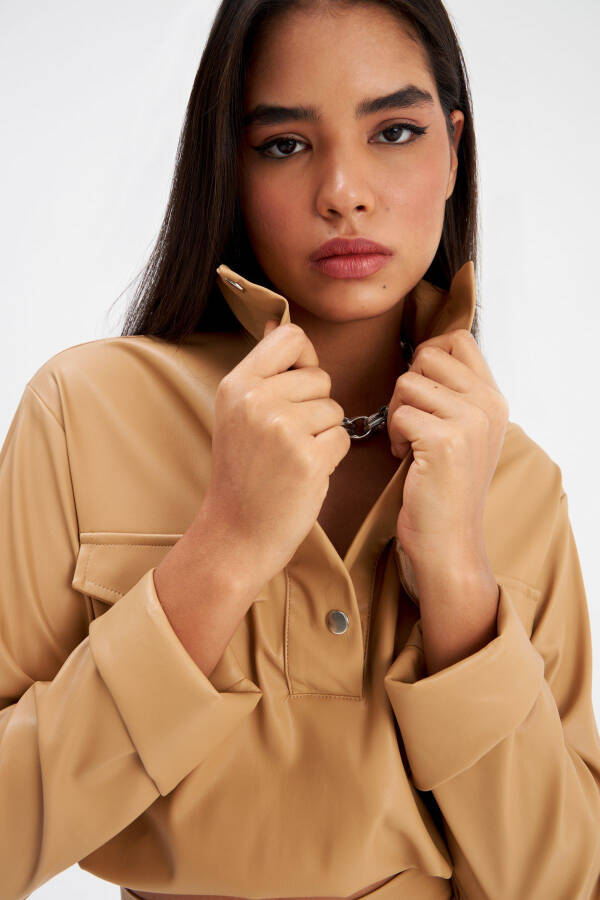 Crinkled Leather Blouse - Beige - 1