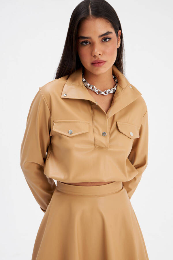 Crinkled Leather Blouse - Beige - 5