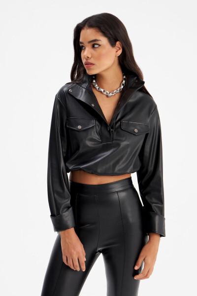 Crinkled Leather Blouse - Black - 2