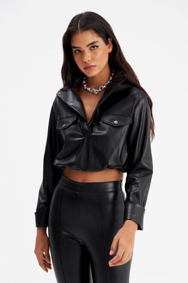 Crinkled Leather Blouse - Black - 4