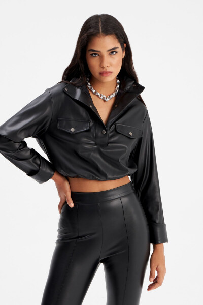 Crinkled Leather Blouse - Black - 5