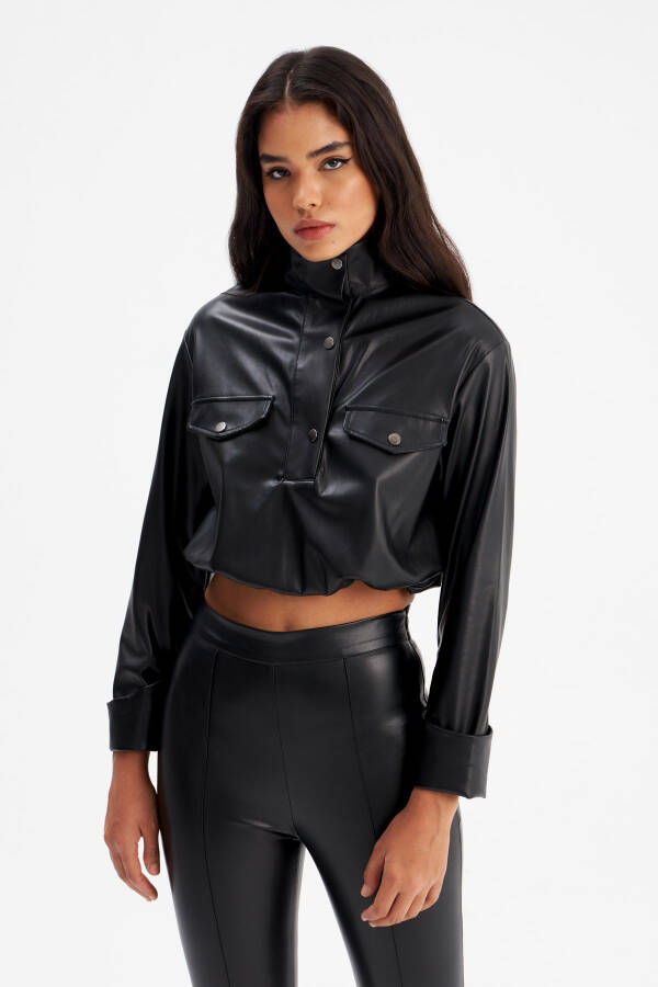 Crinkled Leather Blouse - Black - 6