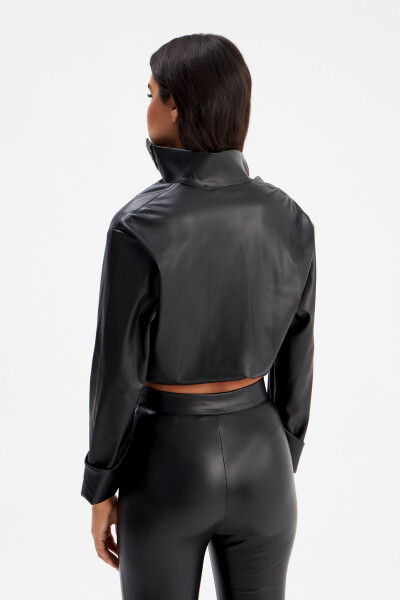 Crinkled Leather Blouse - Black - 7