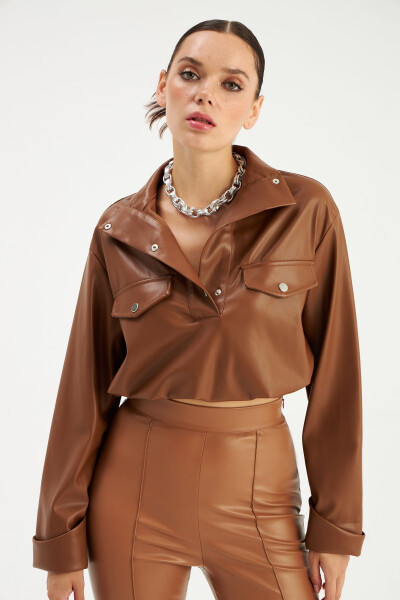 Crinkled Leather Blouse - Brown - 1