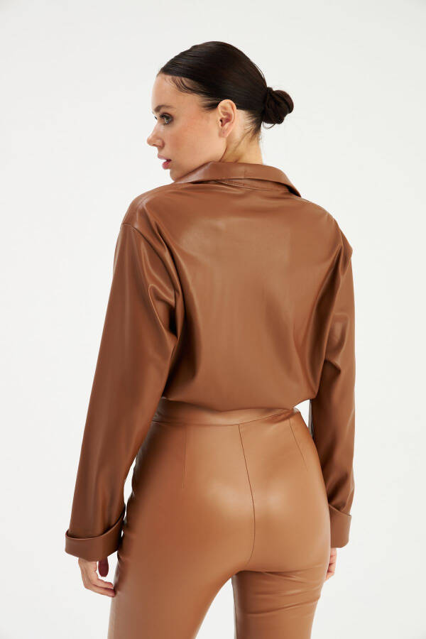 Crinkled Leather Blouse - Brown - 6