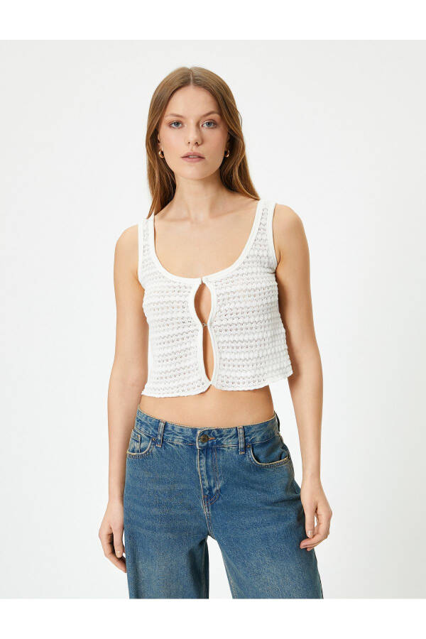 Crochet Crop Top with Front Clasp, Lace Detail, U-Neck and Thick Straps - 15