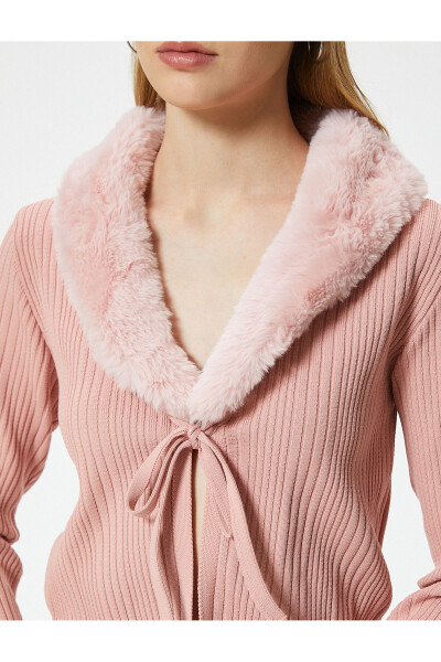 Crop Cardigan with Faux Fur Collar and Tie Detail Slim Fit - 11