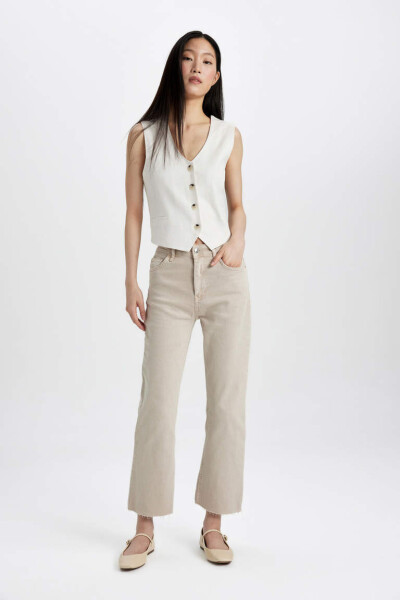 Crop Flare Fit High Waisted Hem Cut Woven Pants White - 2