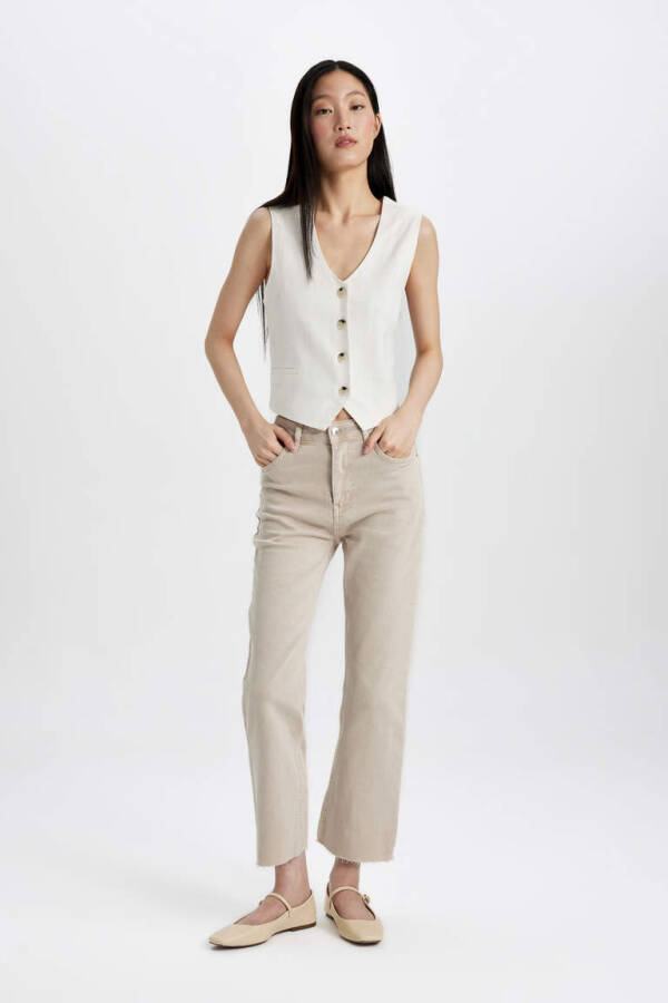 Crop Flare Fit High Waisted Hem Cut Woven Pants White - 3