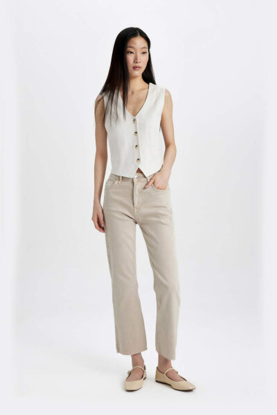 Crop Flare Fit High Waisted Hem Cut Woven Pants White - 4