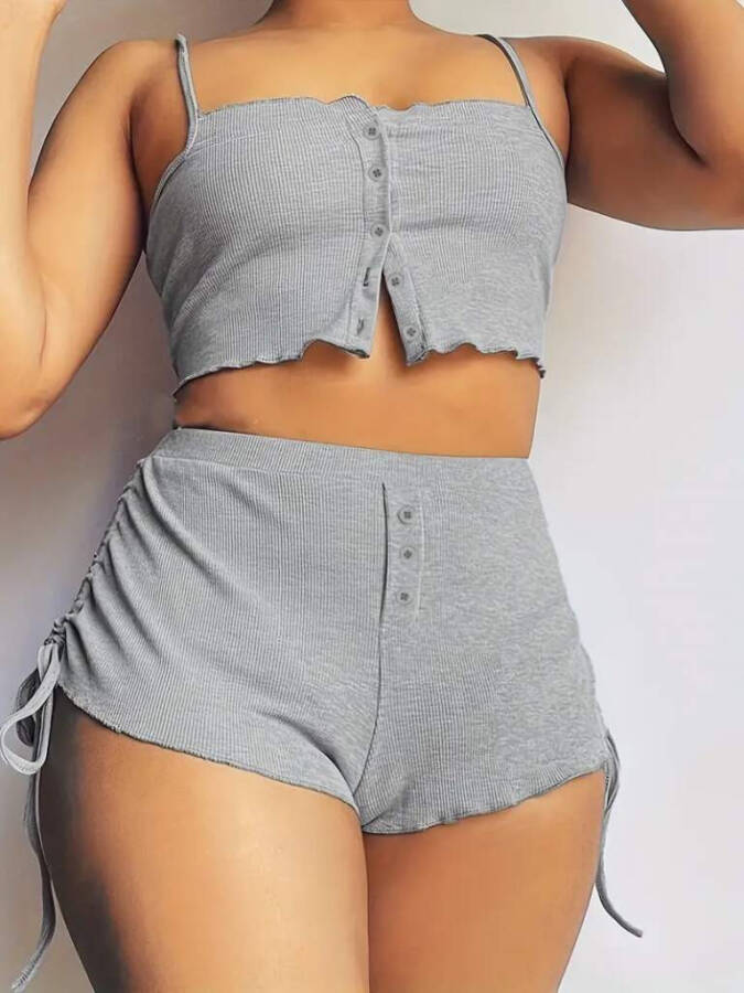 Crop top and shorts set. Women's spaghetti strap, gathered. - 1