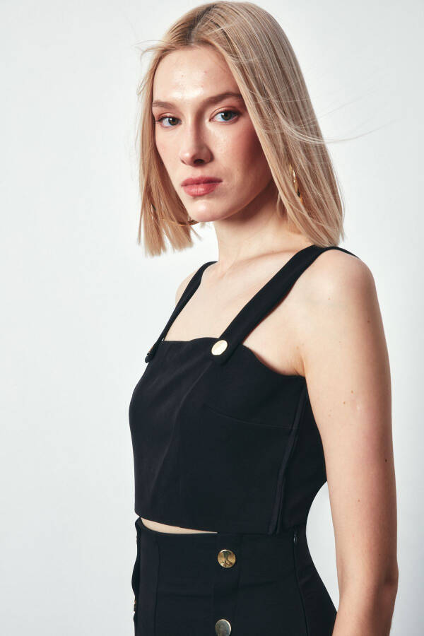 Cropped Blouse with Button Detail - BLACK - 2