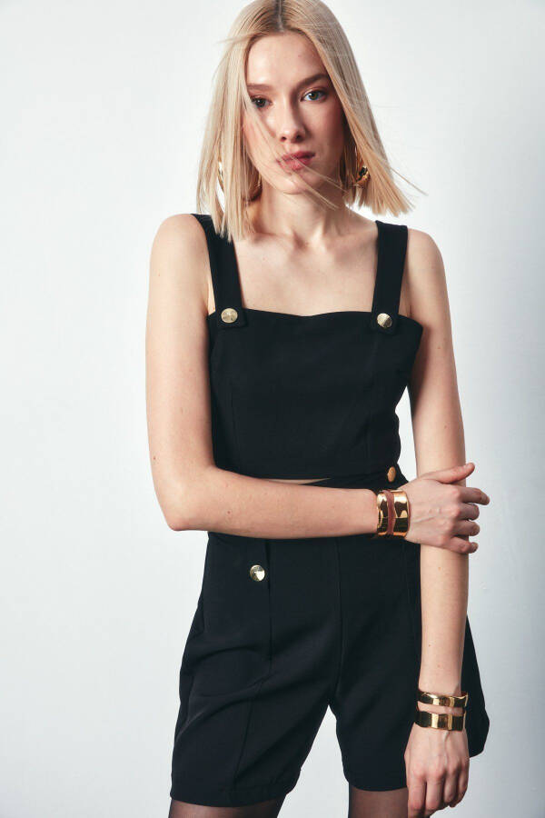 Cropped Blouse with Button Detail - BLACK - 4