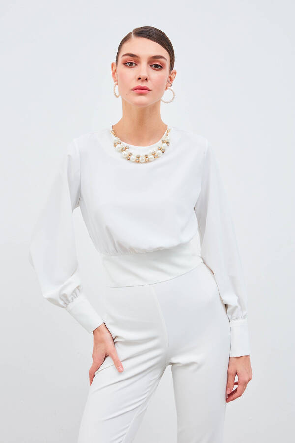 Cropped Blouse with Necklace Detail - Ecru - 1