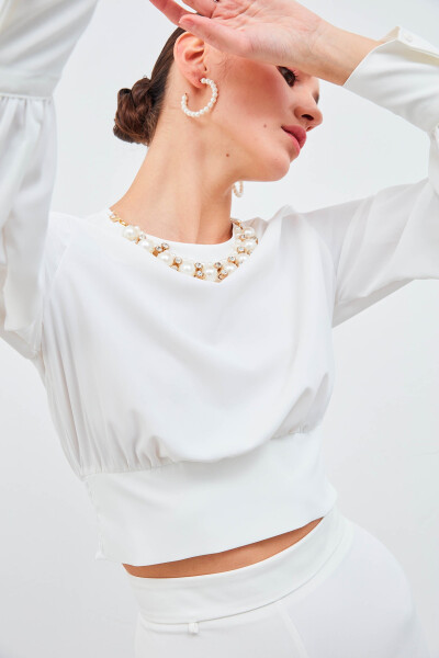 Cropped Blouse with Necklace Detail - Ecru - 2