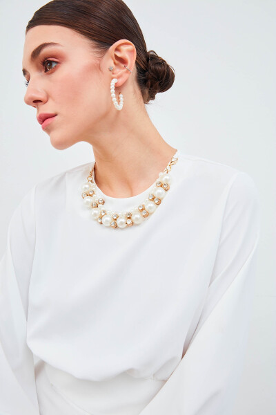 Cropped Blouse with Necklace Detail - Ecru - 3