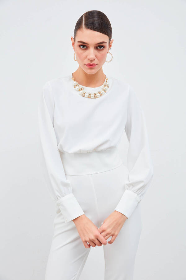 Cropped Blouse with Necklace Detail - Ecru - 4